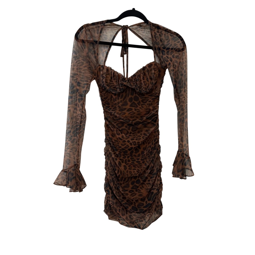Windsor Leopard Print Ruched Mesh Mini Dress Brown Long Sleeve Cutout Small